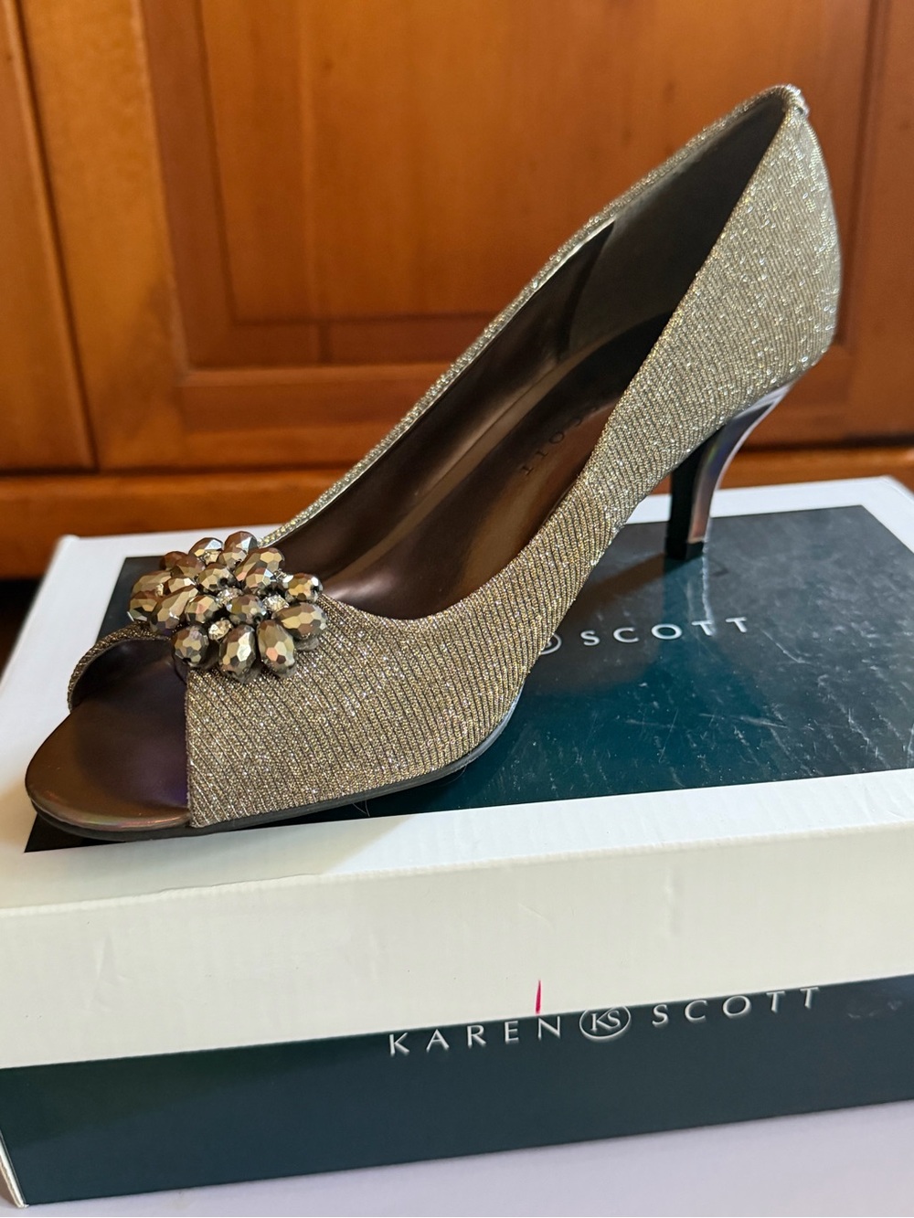 Karen Scott Gold Glitter Peep-Toe Heels with Jewel Cluster